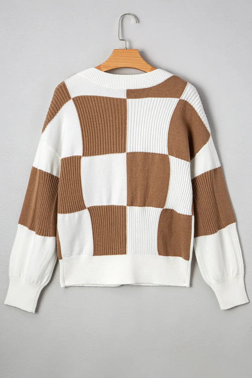 Grateful Threads Boutique Mocha Checkered Pattern Ribbed Detail Button V-Neck Sweater Cardigan - Cardigans Khaki Checkered Pattern Ribbed Detail Button V Neck Sweater Cardigan