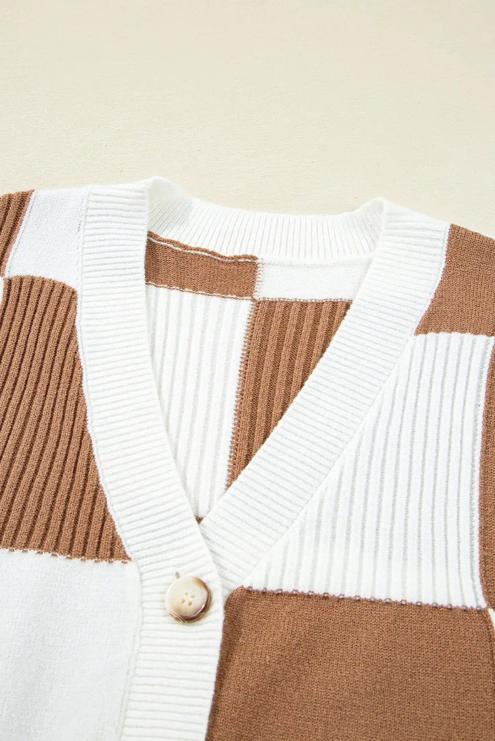 Grateful Threads Boutique Mocha Checkered Pattern Ribbed Detail Button V-Neck Sweater Cardigan - Cardigans Khaki Checkered Pattern Ribbed Detail Button V Neck Sweater Cardigan