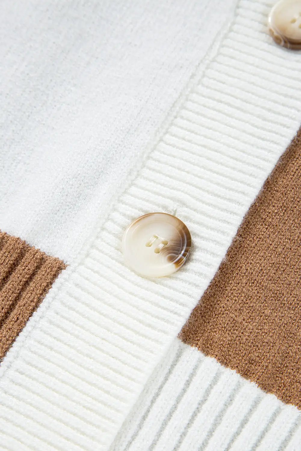 Grateful Threads Boutique Mocha Checkered Pattern Ribbed Detail Button V-Neck Sweater Cardigan - Cardigans Khaki Checkered Pattern Ribbed Detail Button V Neck Sweater Cardigan