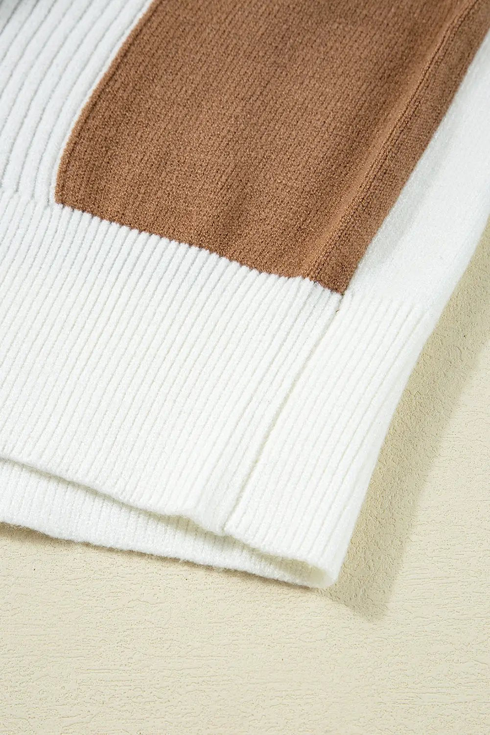 Grateful Threads Boutique Mocha Checkered Pattern Ribbed Detail Button V-Neck Sweater Cardigan - Cardigans Khaki Checkered Pattern Ribbed Detail Button V Neck Sweater Cardigan