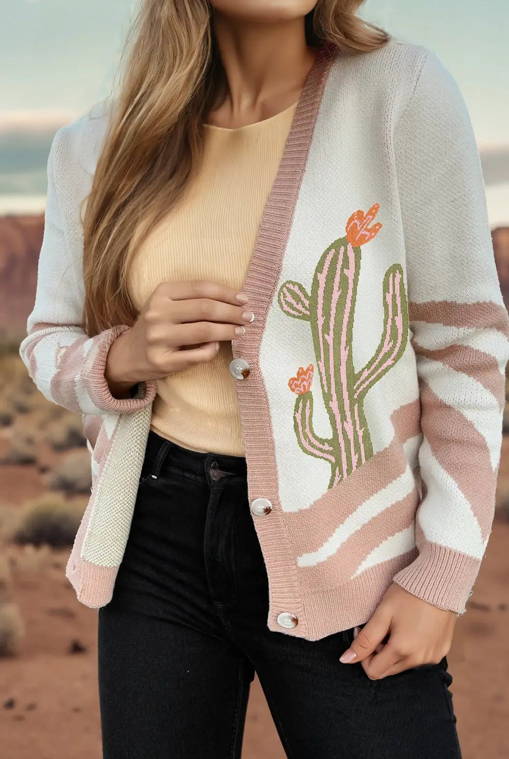 Grateful Threads Boutique Apricot Desert Cactus Buttoned Front Sweater Cardigan - Cardigans Apricot Desert Cactus Buttoned Front Sweater Cardigan