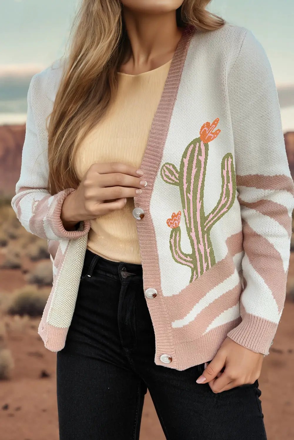 Grateful Threads Boutique Apricot Desert Cactus Buttoned Front Sweater Cardigan - Cardigans Apricot Desert Cactus Buttoned Front Sweater Cardigan