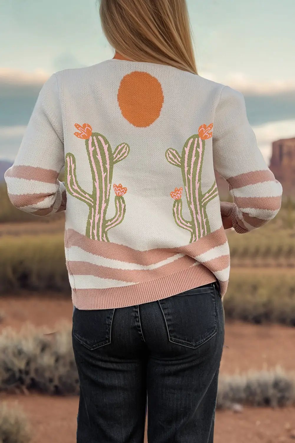 Grateful Threads Boutique Apricot Desert Cactus Buttoned Front Sweater Cardigan - Cardigans Apricot Desert Cactus Buttoned Front Sweater Cardigan
