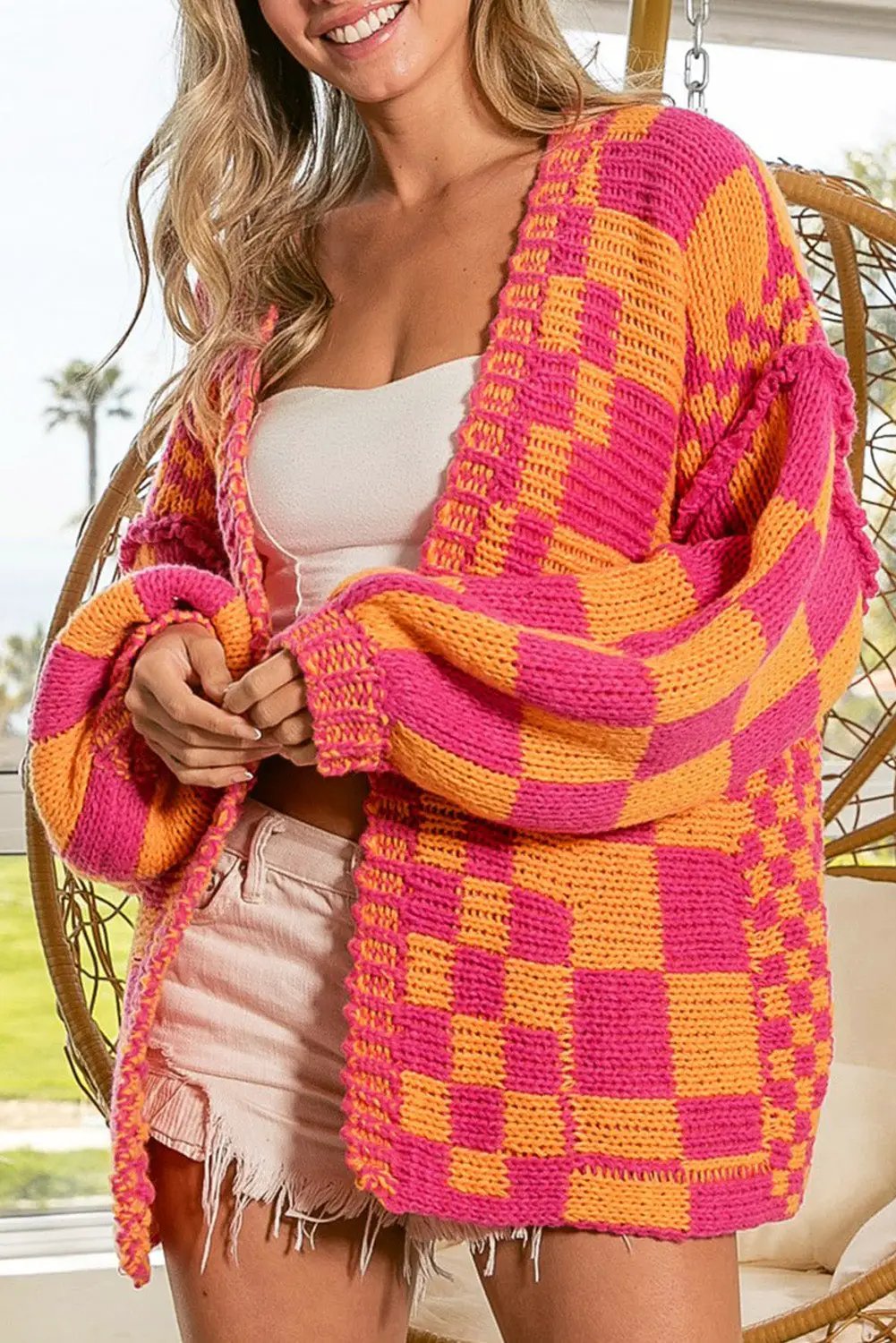 Grateful Threads Boutique Multicolor Open Front Mixed Checkered Pattern Knit Cardigan - Cardigans Multicolor Open Front Mixed Checkered Pattern Knit Cardigan