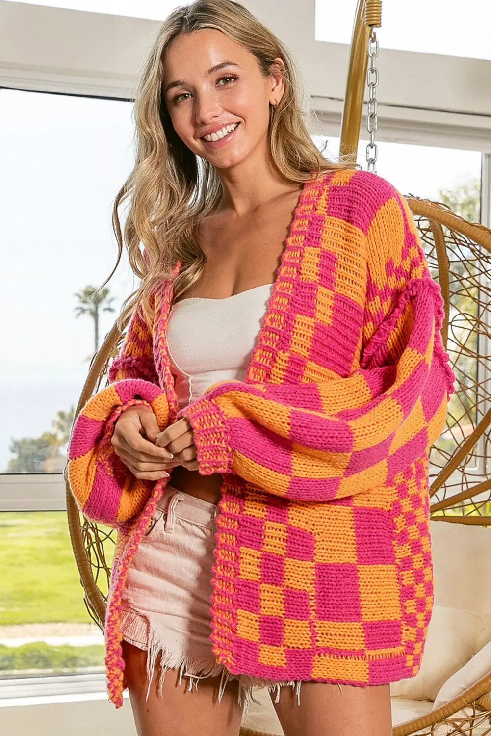 Grateful Threads Boutique Multicolor Open Front Mixed Checkered Pattern Knit Cardigan - Cardigans Multicolor Open Front Mixed Checkered Pattern Knit Cardigan