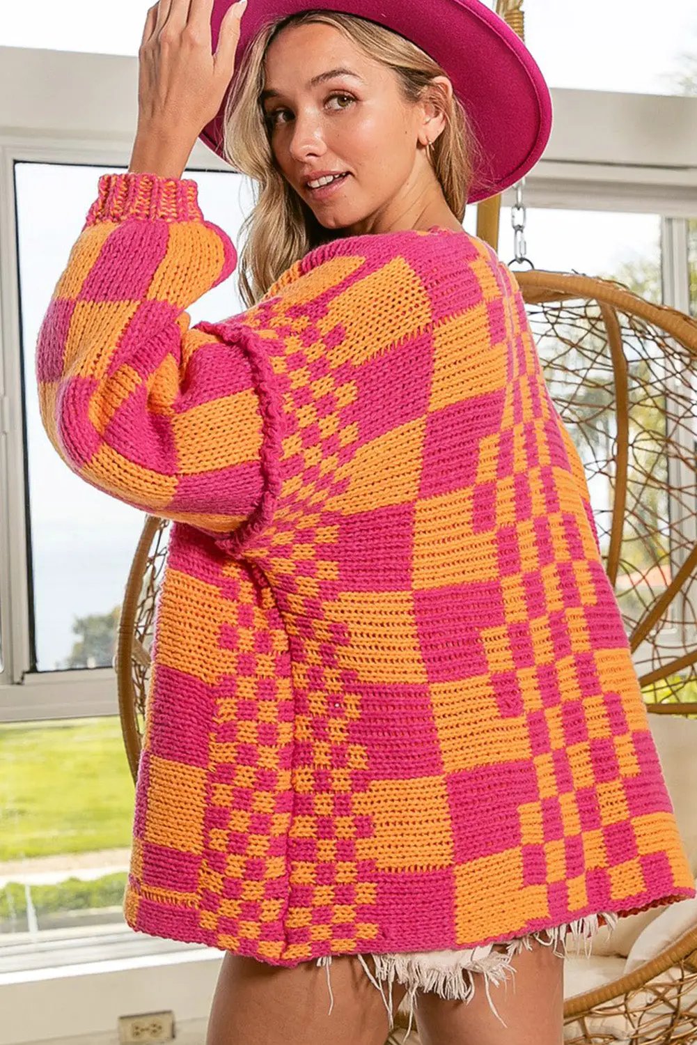 Grateful Threads Boutique Multicolor Open Front Mixed Checkered Pattern Knit Cardigan - Cardigans Multicolor Open Front Mixed Checkered Pattern Knit Cardigan