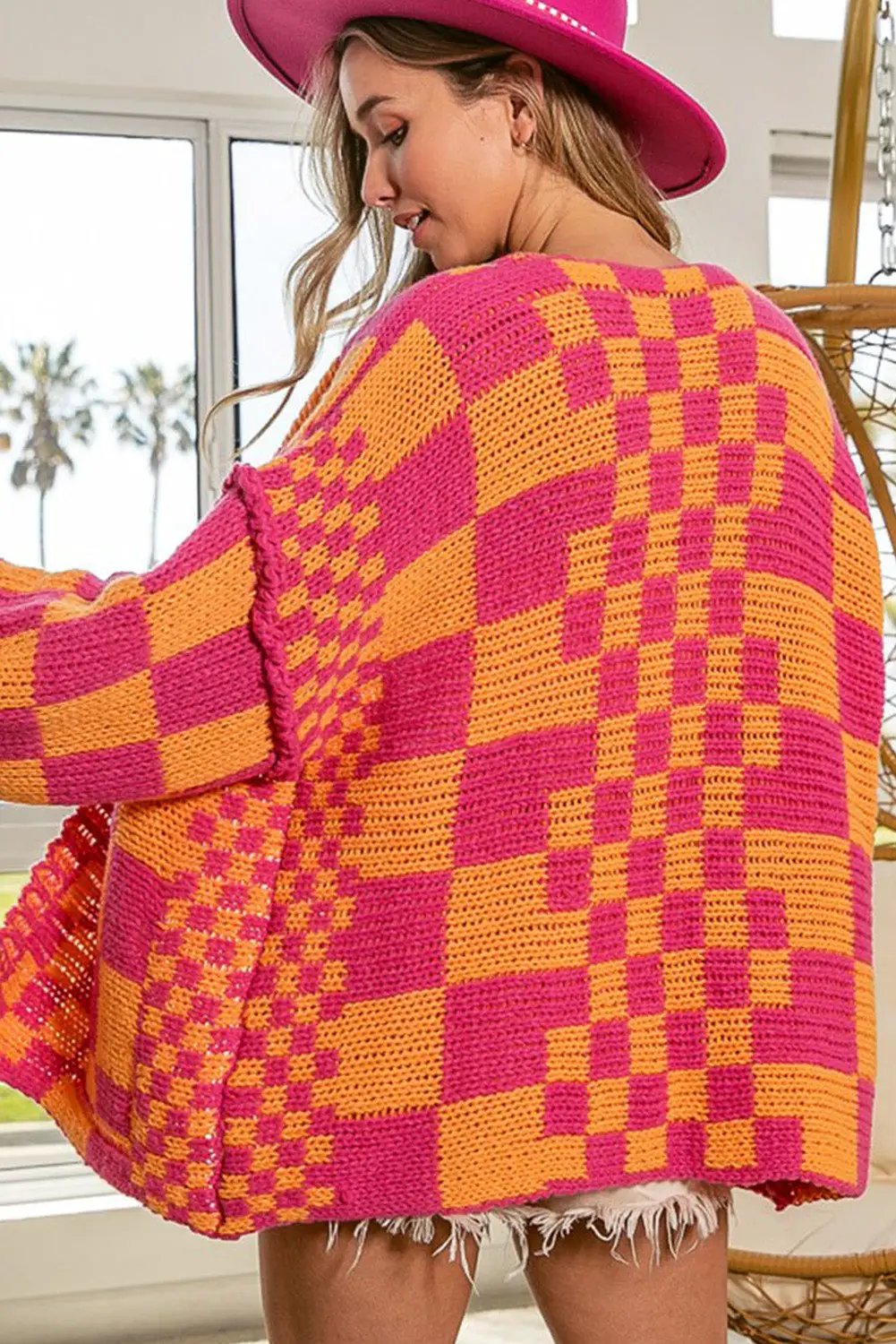 Grateful Threads Boutique Multicolor Open Front Mixed Checkered Pattern Knit Cardigan - Cardigans Multicolor Open Front Mixed Checkered Pattern Knit Cardigan
