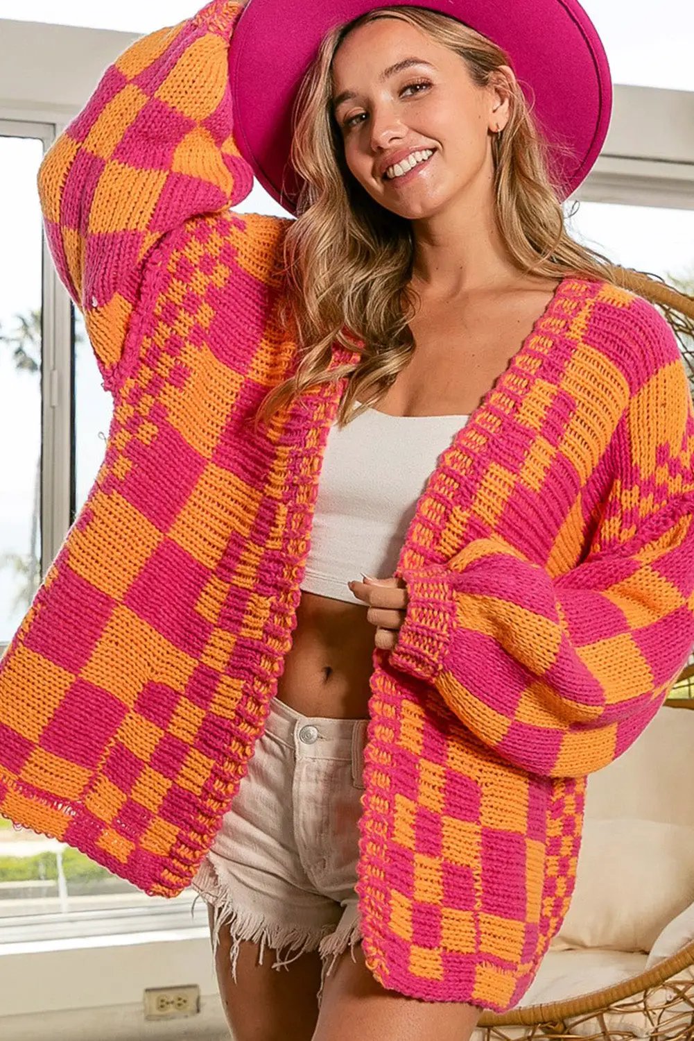 Grateful Threads Boutique Multicolor Open Front Mixed Checkered Pattern Knit Cardigan - Cardigans Multicolor Open Front Mixed Checkered Pattern Knit Cardigan