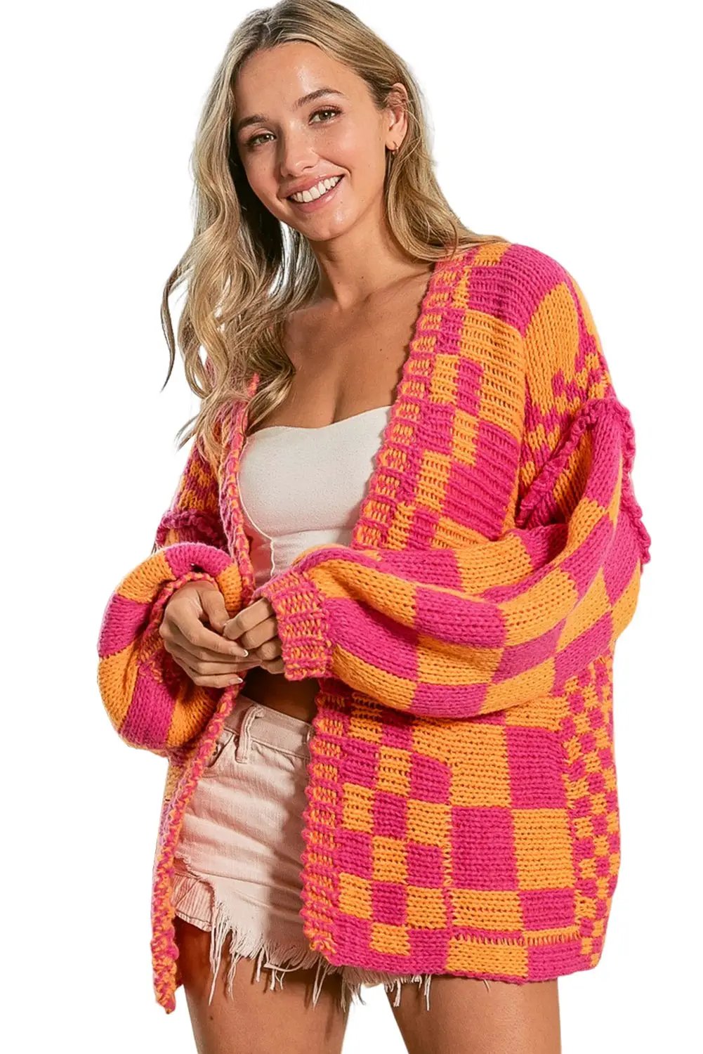Grateful Threads Boutique Multicolor Open Front Mixed Checkered Pattern Knit Cardigan - Cardigans Multicolor Open Front Mixed Checkered Pattern Knit Cardigan