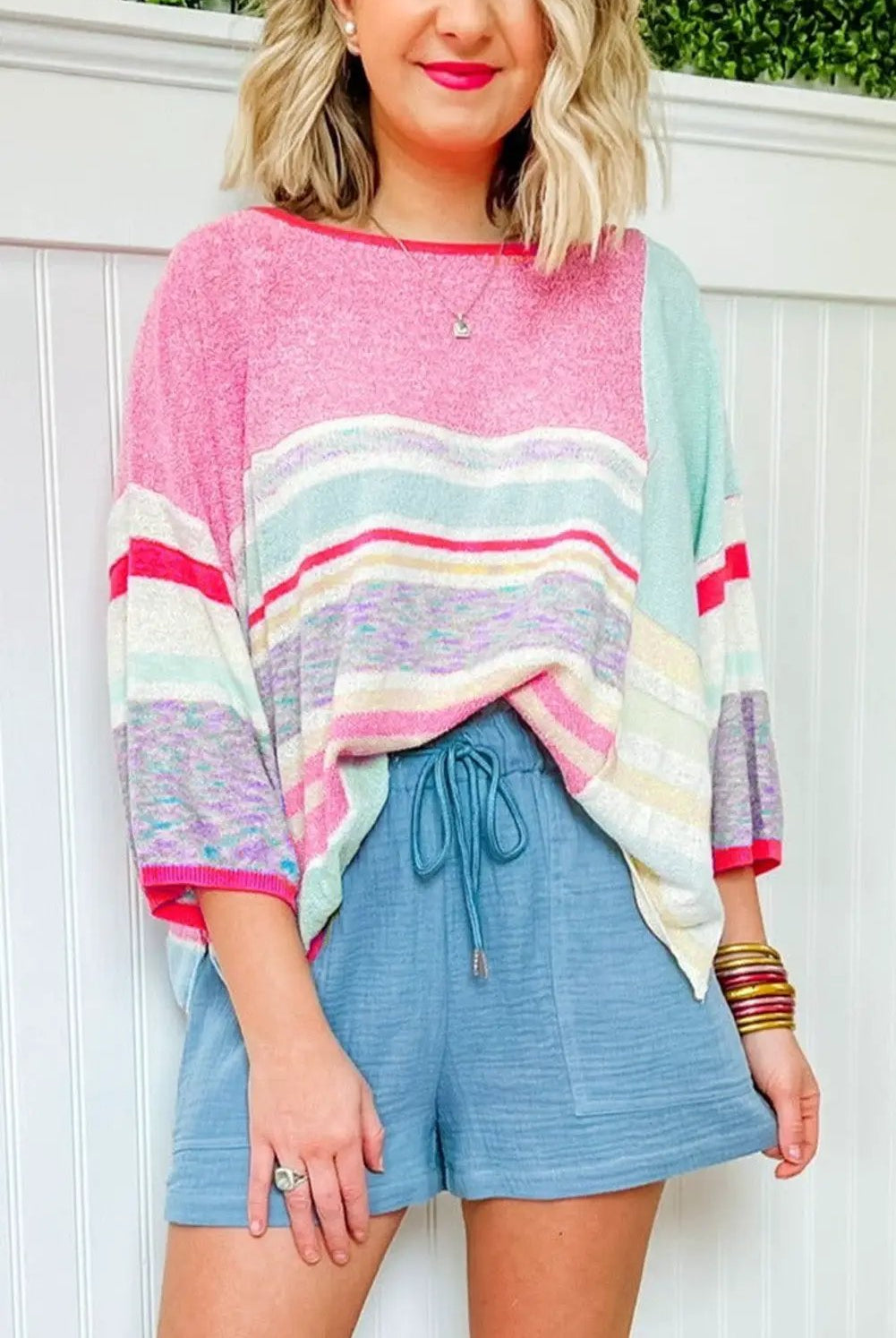 Grateful Threads Boutique Pink Color Block Striped Three-Quarter Sleeve Knitted Top - Sweaters Pink Color Block Striped Three-Quarter Sleeve Knitted Top