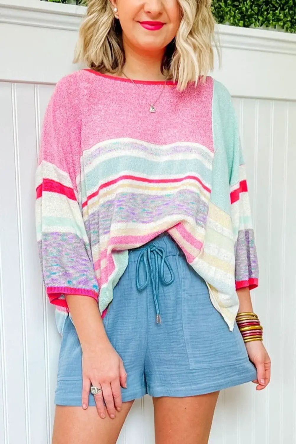 Grateful Threads Boutique Pink Color Block Striped Three-Quarter Sleeve Knitted Top - Sweaters Pink Color Block Striped Three-Quarter Sleeve Knitted Top