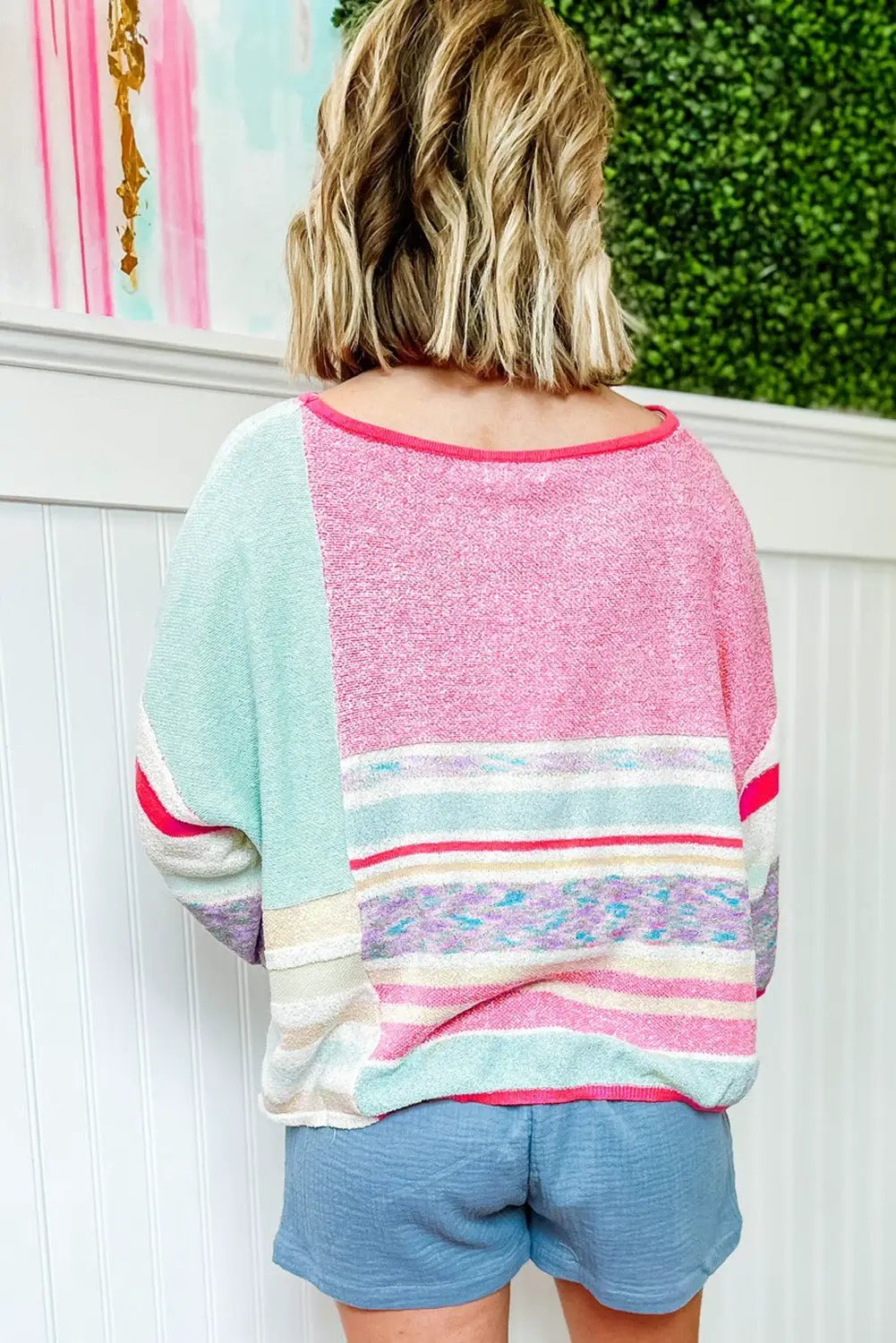 Grateful Threads Boutique Pink Color Block Striped Three-Quarter Sleeve Knitted Top - Sweaters Pink Color Block Striped Three-Quarter Sleeve Knitted Top