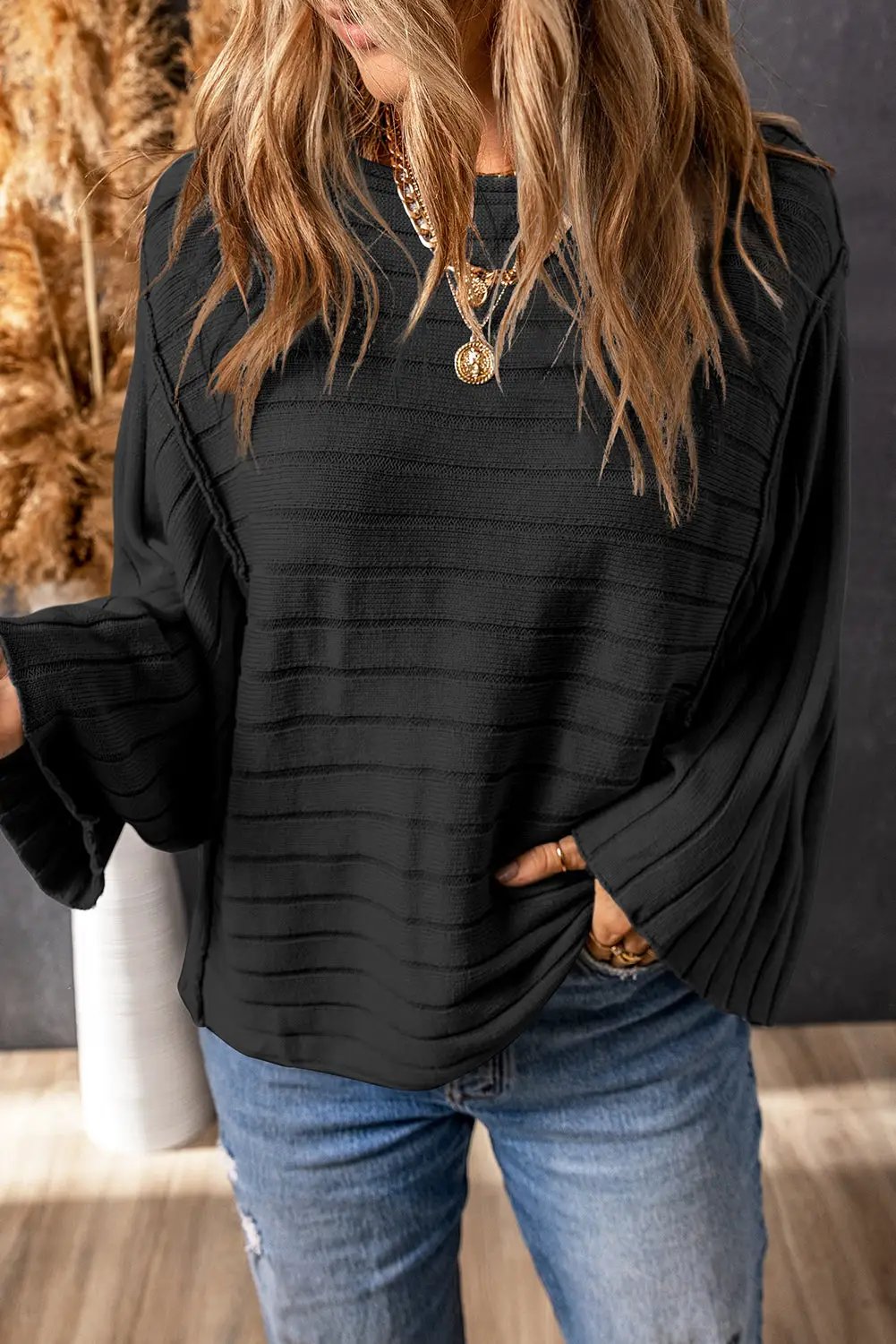 Grateful Threads Boutique Black Exposed Seam Ribbed Knit Dolman Top - Shirts