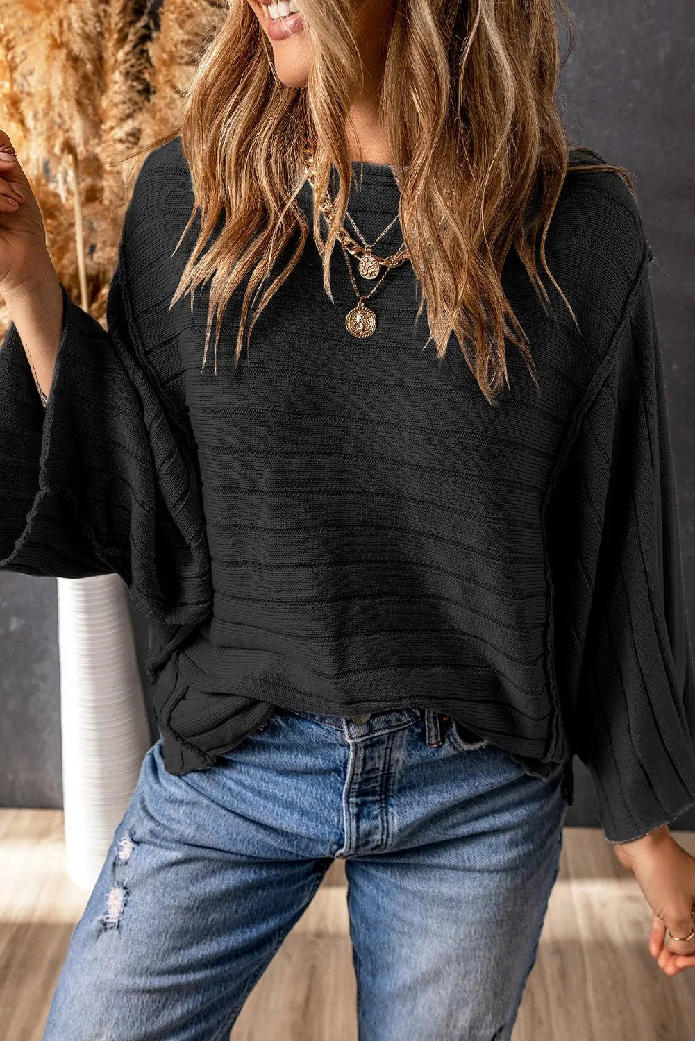 Grateful Threads Boutique Black Exposed Seam Ribbed Knit Dolman Top - Shirts