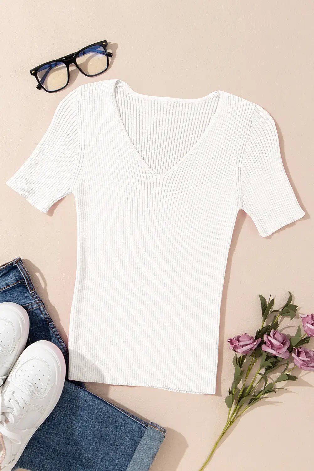 Grateful Threads Boutique White V Neck Ribbed Knit Lightweight Short Sleeve Sweater - Sweaters White V Neck Ribbed Knit Lightweight Short Sleeve Sweater