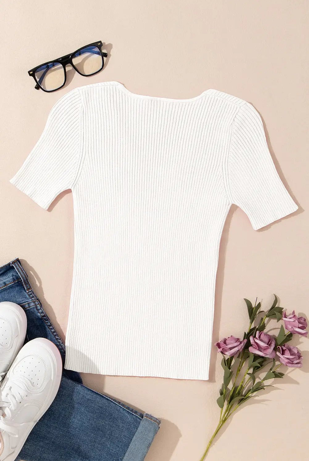 Grateful Threads Boutique White V Neck Ribbed Knit Lightweight Short Sleeve Sweater - Sweaters White V Neck Ribbed Knit Lightweight Short Sleeve Sweater