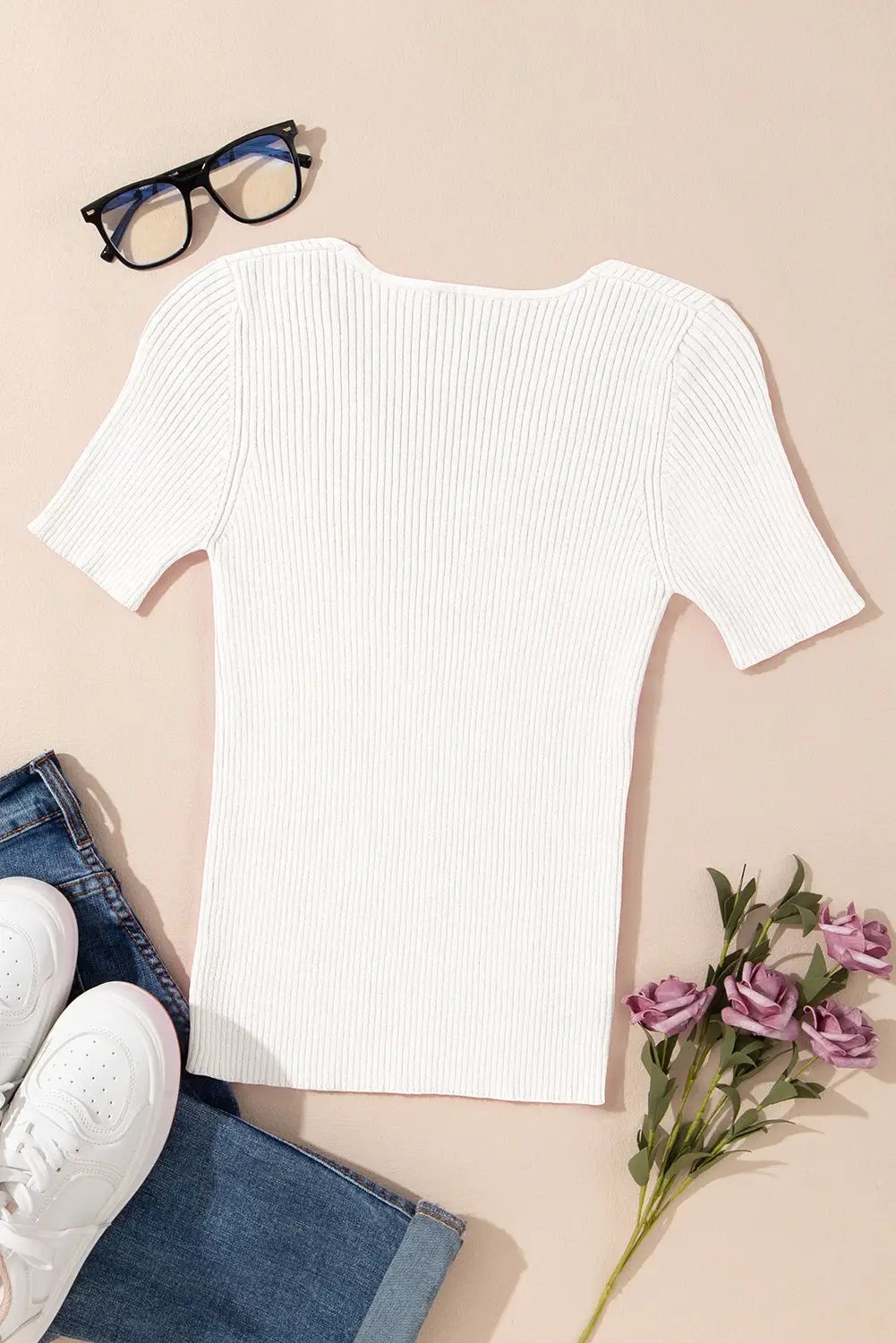 Grateful Threads Boutique White V Neck Ribbed Knit Lightweight Short Sleeve Sweater - Sweaters White V Neck Ribbed Knit Lightweight Short Sleeve Sweater
