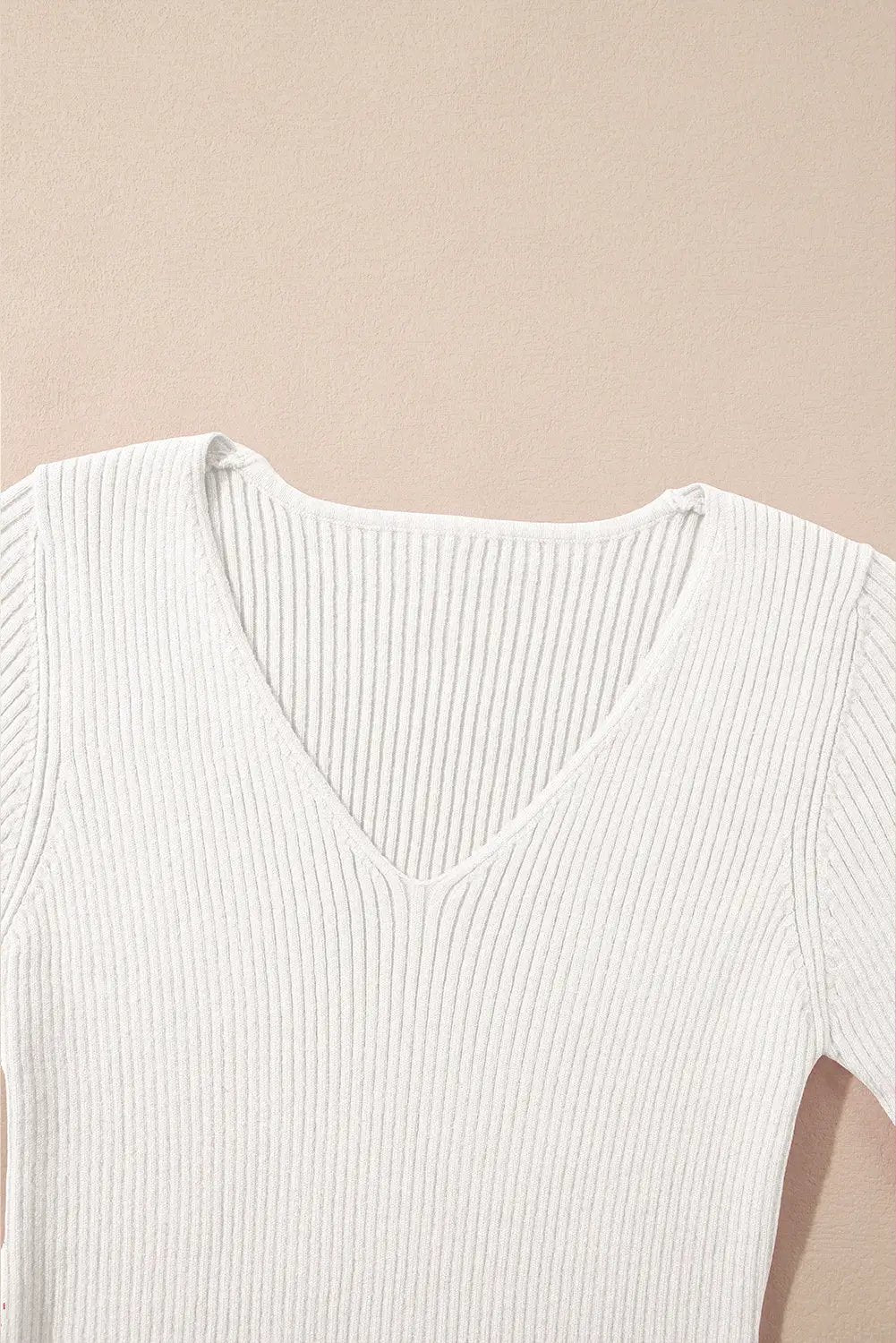 Grateful Threads Boutique White V Neck Ribbed Knit Lightweight Short Sleeve Sweater - Sweaters White V Neck Ribbed Knit Lightweight Short Sleeve Sweater
