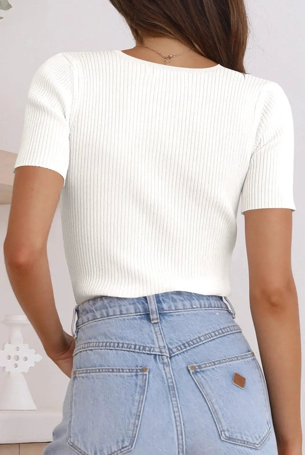 Grateful Threads Boutique White V Neck Ribbed Knit Lightweight Short Sleeve Sweater - Sweaters White V Neck Ribbed Knit Lightweight Short Sleeve Sweater