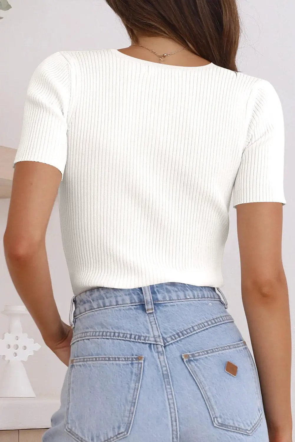Grateful Threads Boutique White V Neck Ribbed Knit Lightweight Short Sleeve Sweater - Sweaters White V Neck Ribbed Knit Lightweight Short Sleeve Sweater