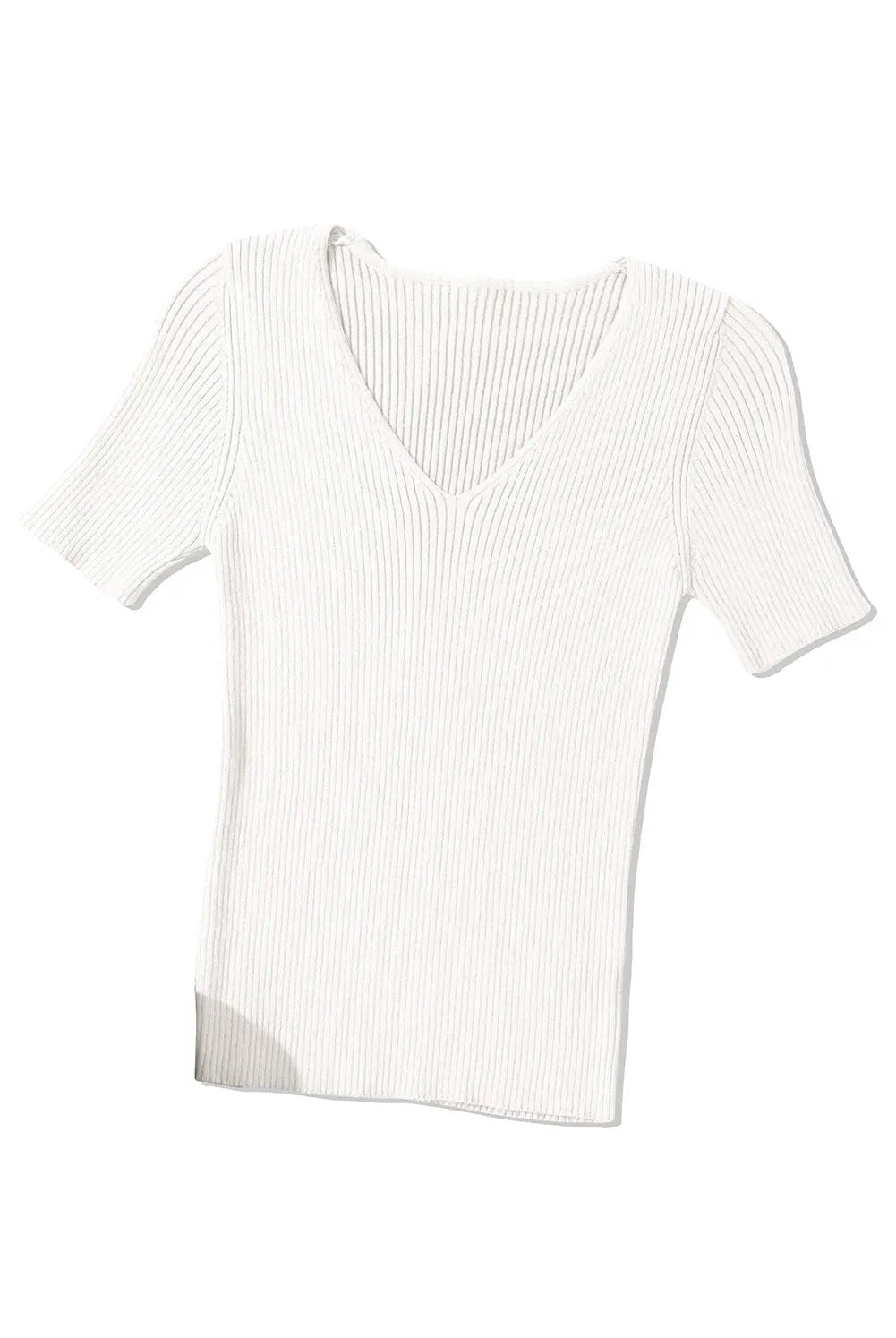 Grateful Threads Boutique White V Neck Ribbed Knit Lightweight Short Sleeve Sweater - Sweaters White V Neck Ribbed Knit Lightweight Short Sleeve Sweater
