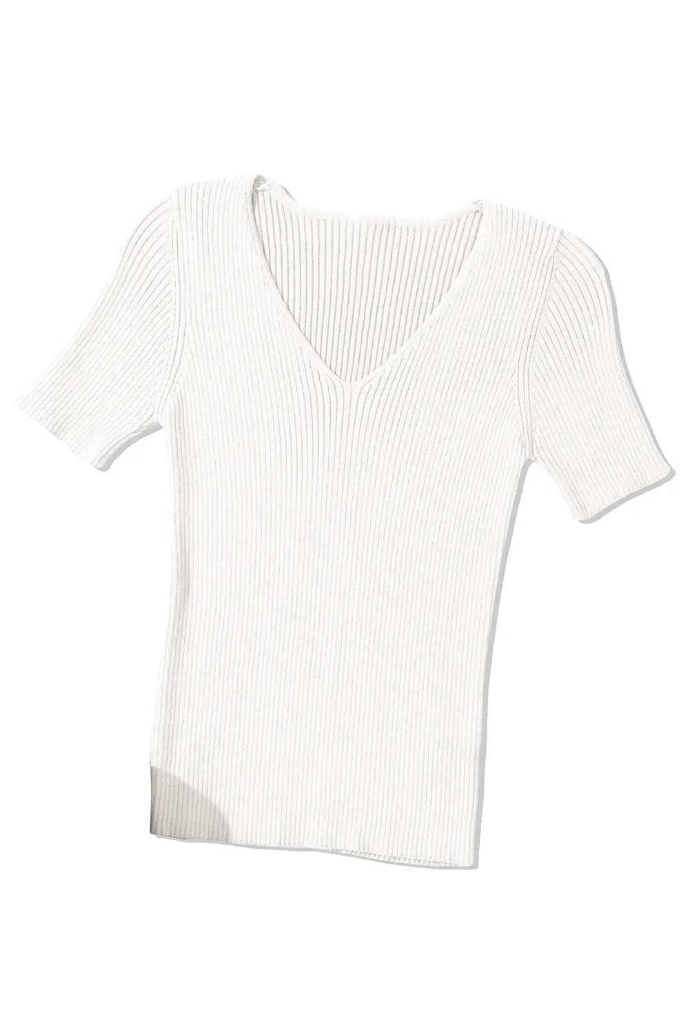 Grateful Threads Boutique White V Neck Ribbed Knit Lightweight Short Sleeve Sweater - Sweaters White V Neck Ribbed Knit Lightweight Short Sleeve Sweater