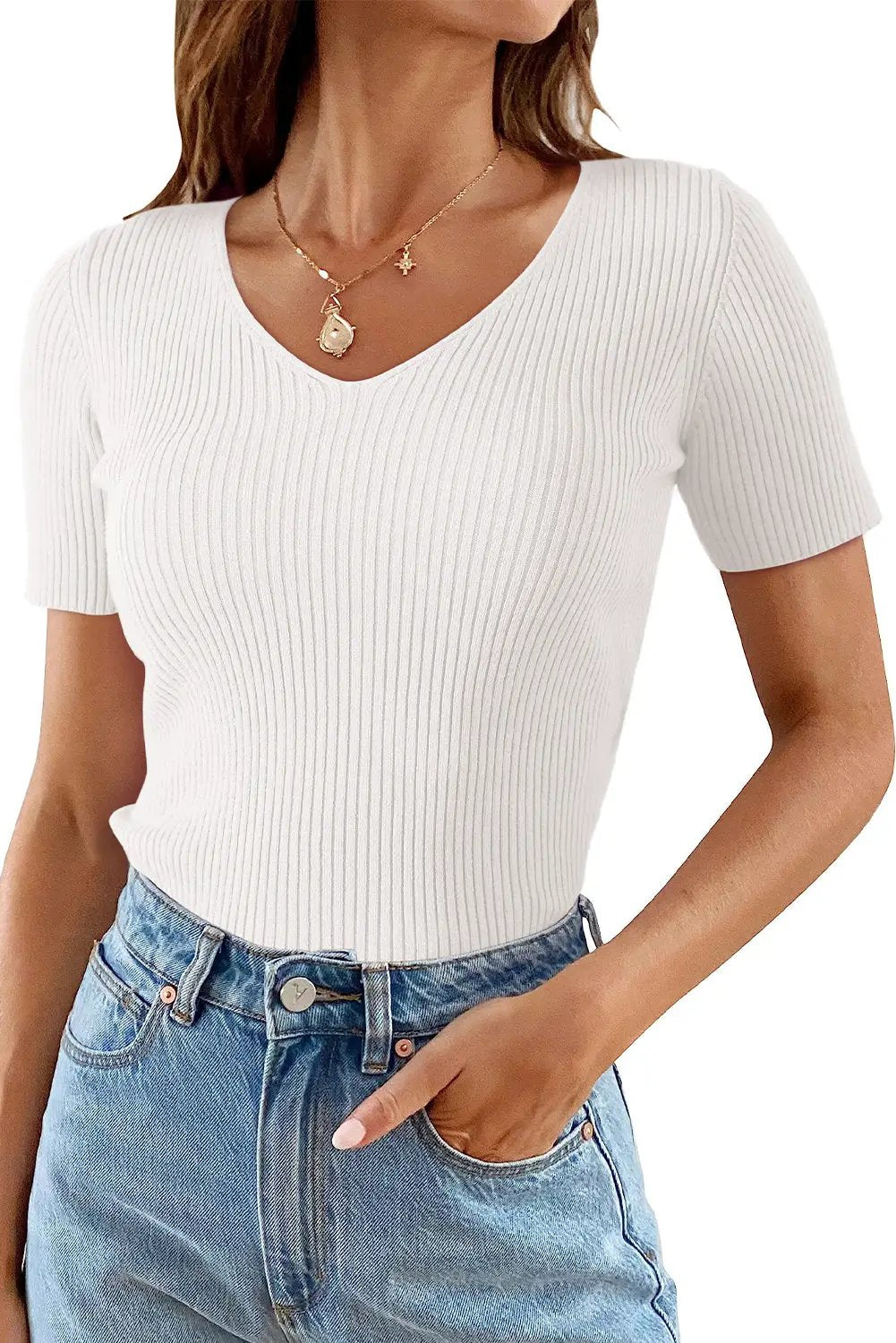 Grateful Threads Boutique White V Neck Ribbed Knit Lightweight Short Sleeve Sweater - Sweaters White V Neck Ribbed Knit Lightweight Short Sleeve Sweater