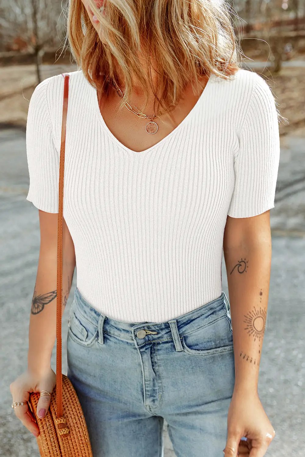 Grateful Threads Boutique White V Neck Ribbed Knit Lightweight Short Sleeve Sweater - Sweaters White V Neck Ribbed Knit Lightweight Short Sleeve Sweater
