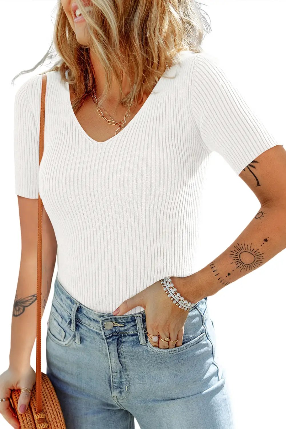 Grateful Threads Boutique White V Neck Ribbed Knit Lightweight Short Sleeve Sweater - Sweaters White V Neck Ribbed Knit Lightweight Short Sleeve Sweater