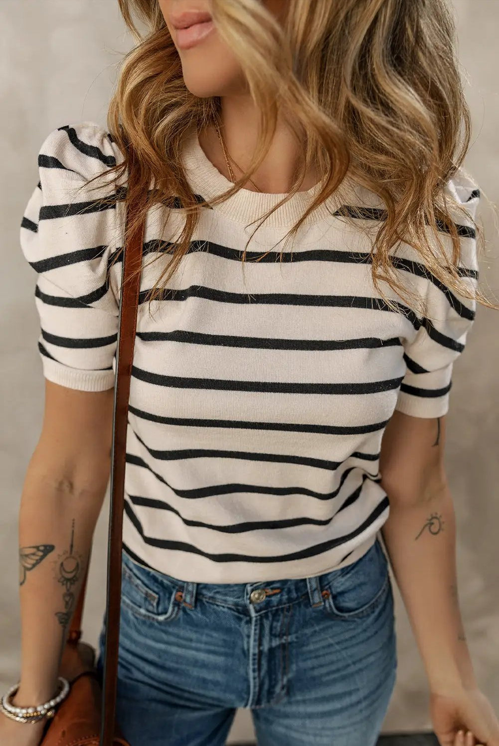 Grateful Threads Boutique Black Stripe Ribbed Trim Round Neck Bubble Sleeve Knitted Top - Sweaters Black Stripe Ribbed Trim Round Neck Bubble Sleeve Knitted Top