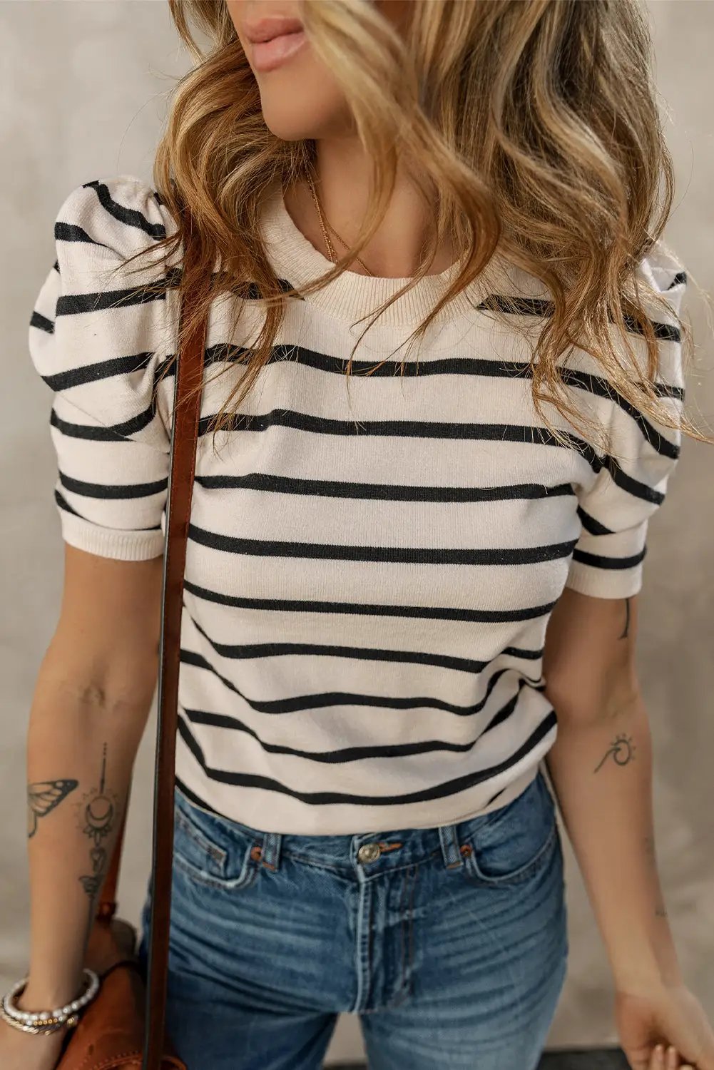 Grateful Threads Boutique Black Stripe Ribbed Trim Round Neck Bubble Sleeve Knitted Top - Sweaters Black Stripe Ribbed Trim Round Neck Bubble Sleeve Knitted Top