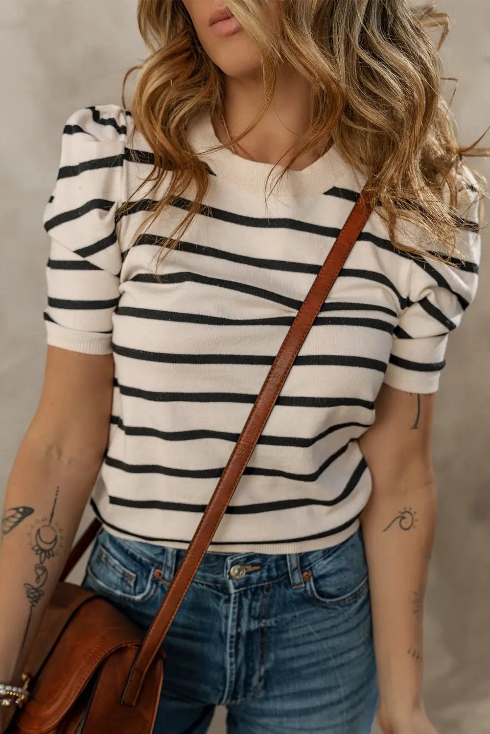 Grateful Threads Boutique Black Stripe Ribbed Trim Round Neck Bubble Sleeve Knitted Top - Sweaters Black Stripe Ribbed Trim Round Neck Bubble Sleeve Knitted Top
