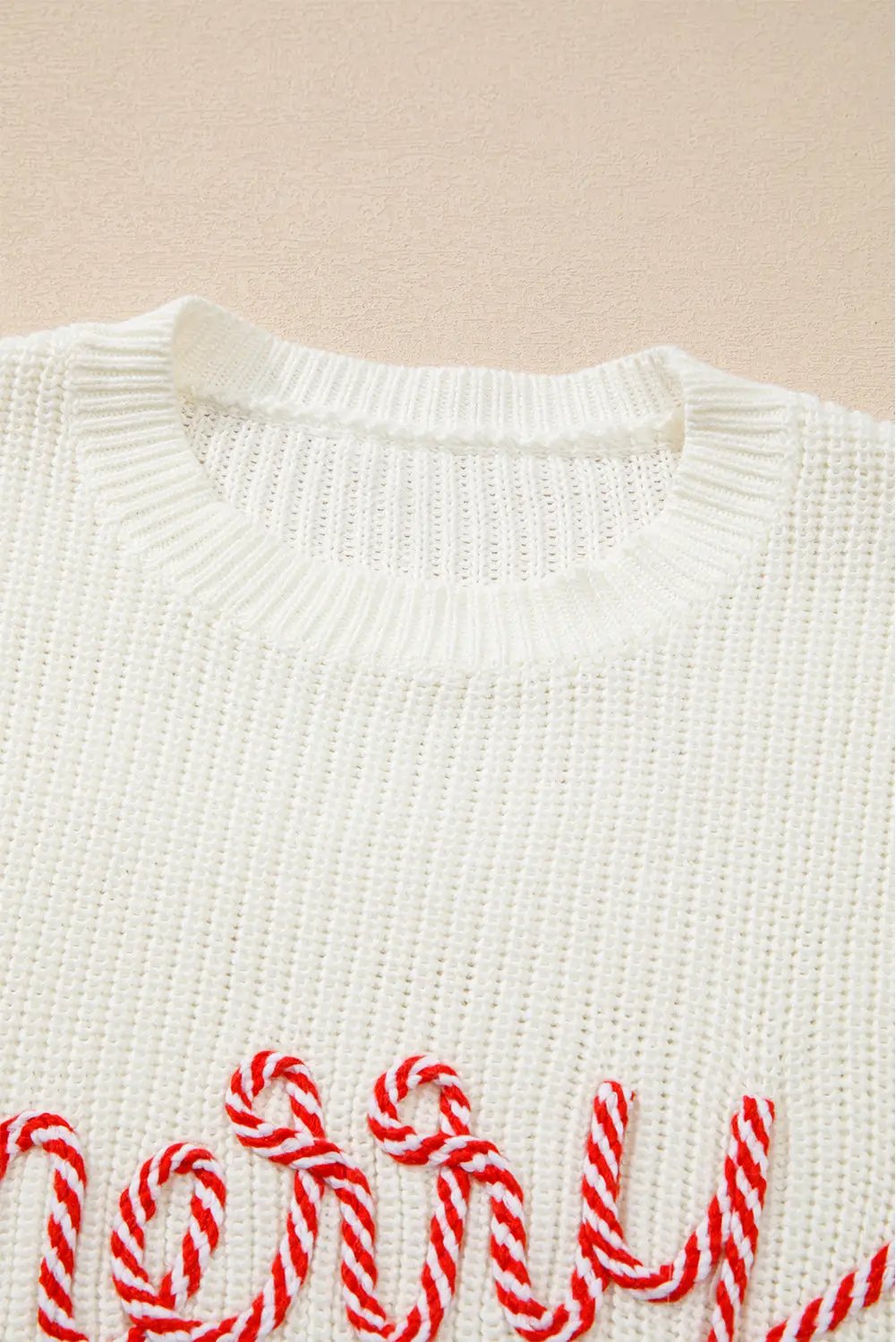 Grateful Threads Boutique White Striped “Merry & Bright” Candy Cane Letter Christmas Sweater - Sweaters White Striped Merry Bright Letter Christmas Sweater