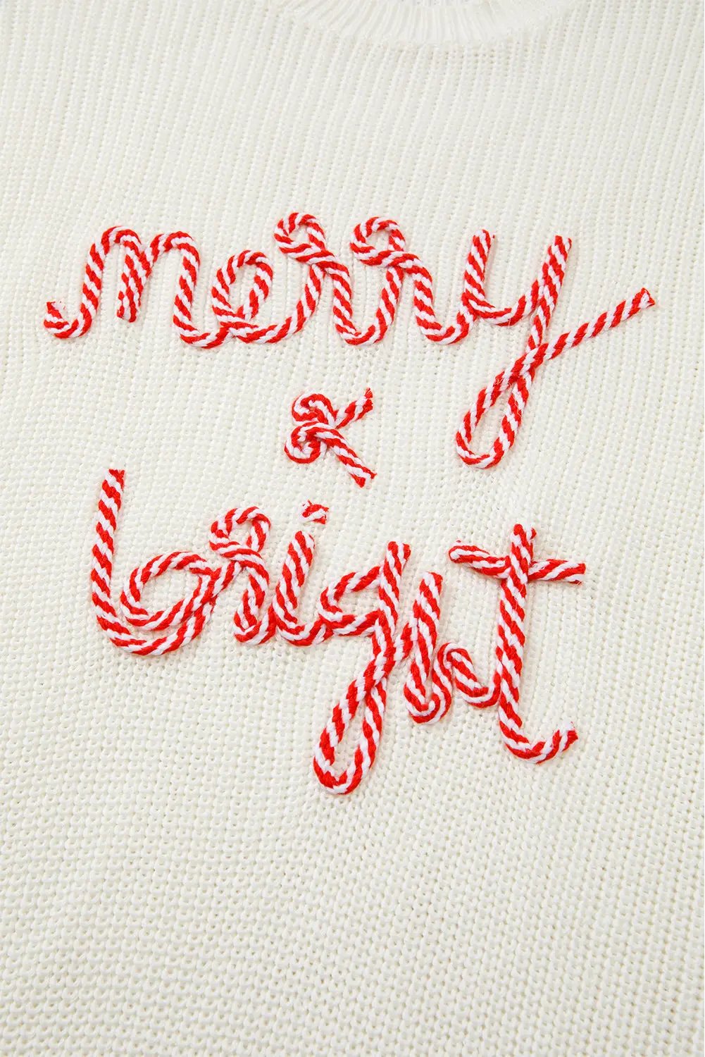 Grateful Threads Boutique White Striped “Merry & Bright” Candy Cane Letter Christmas Sweater - Sweaters White Striped Merry Bright Letter Christmas Sweater