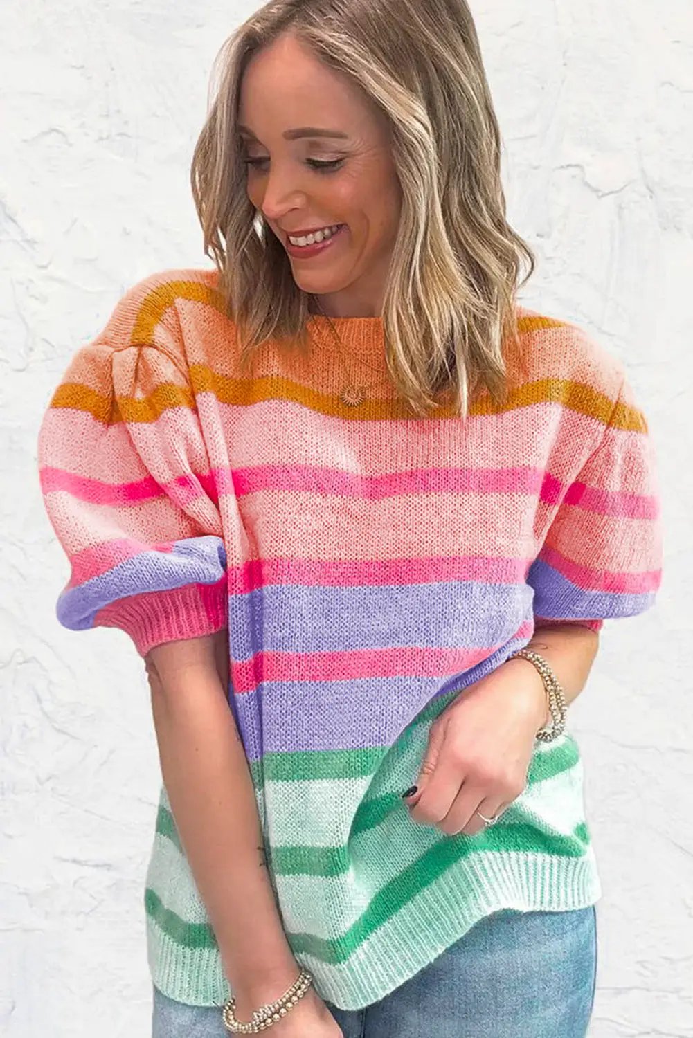 Grateful Threads Boutique Rose Red Colorful Stripe Bubble Short Sleeve Sweater - Sweaters Rose Red Colorful Stripe Bubble Short Sleeve Sweater