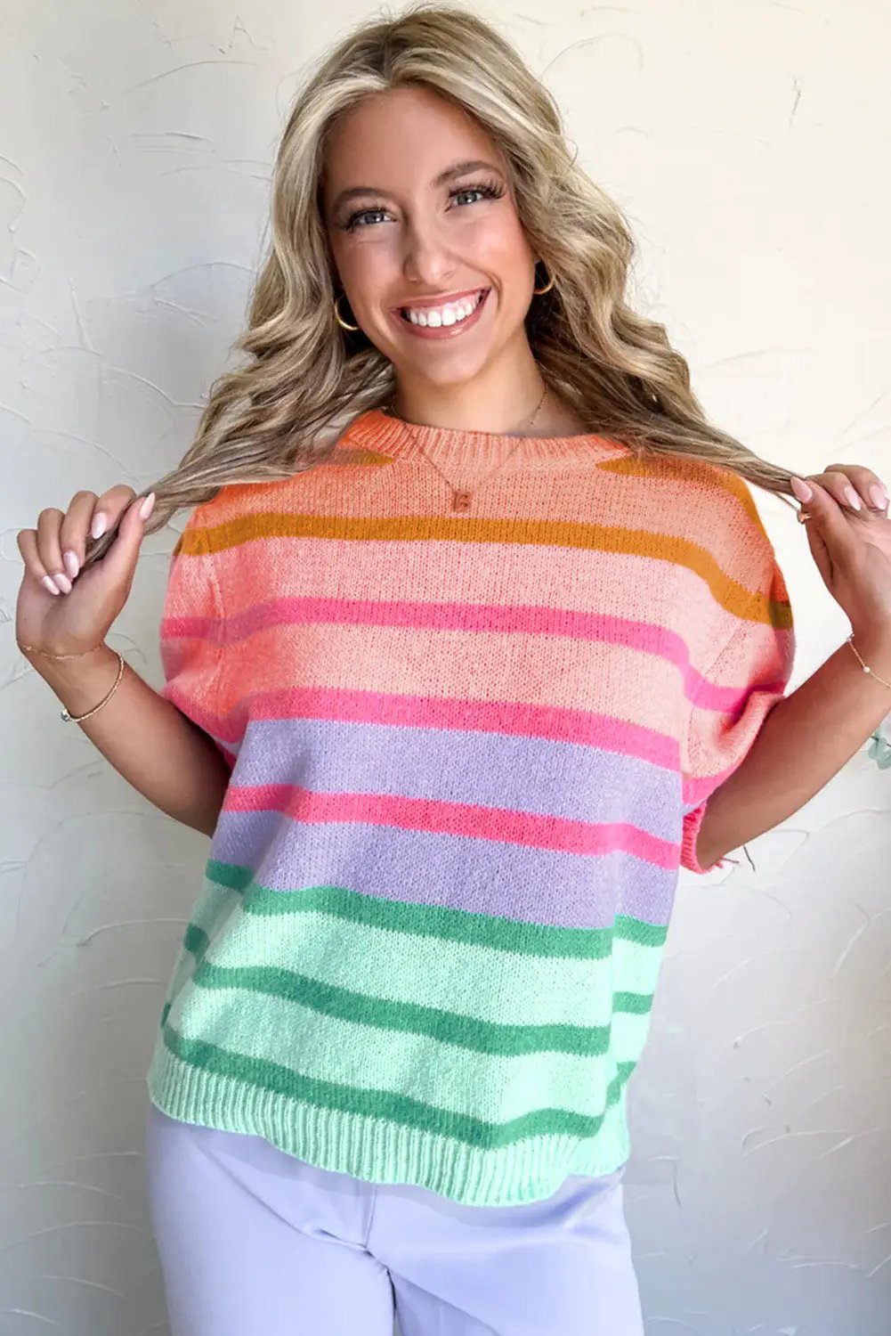 Grateful Threads Boutique Rose Red Colorful Stripe Bubble Short Sleeve Sweater - Sweaters Rose Red Colorful Stripe Bubble Short Sleeve Sweater