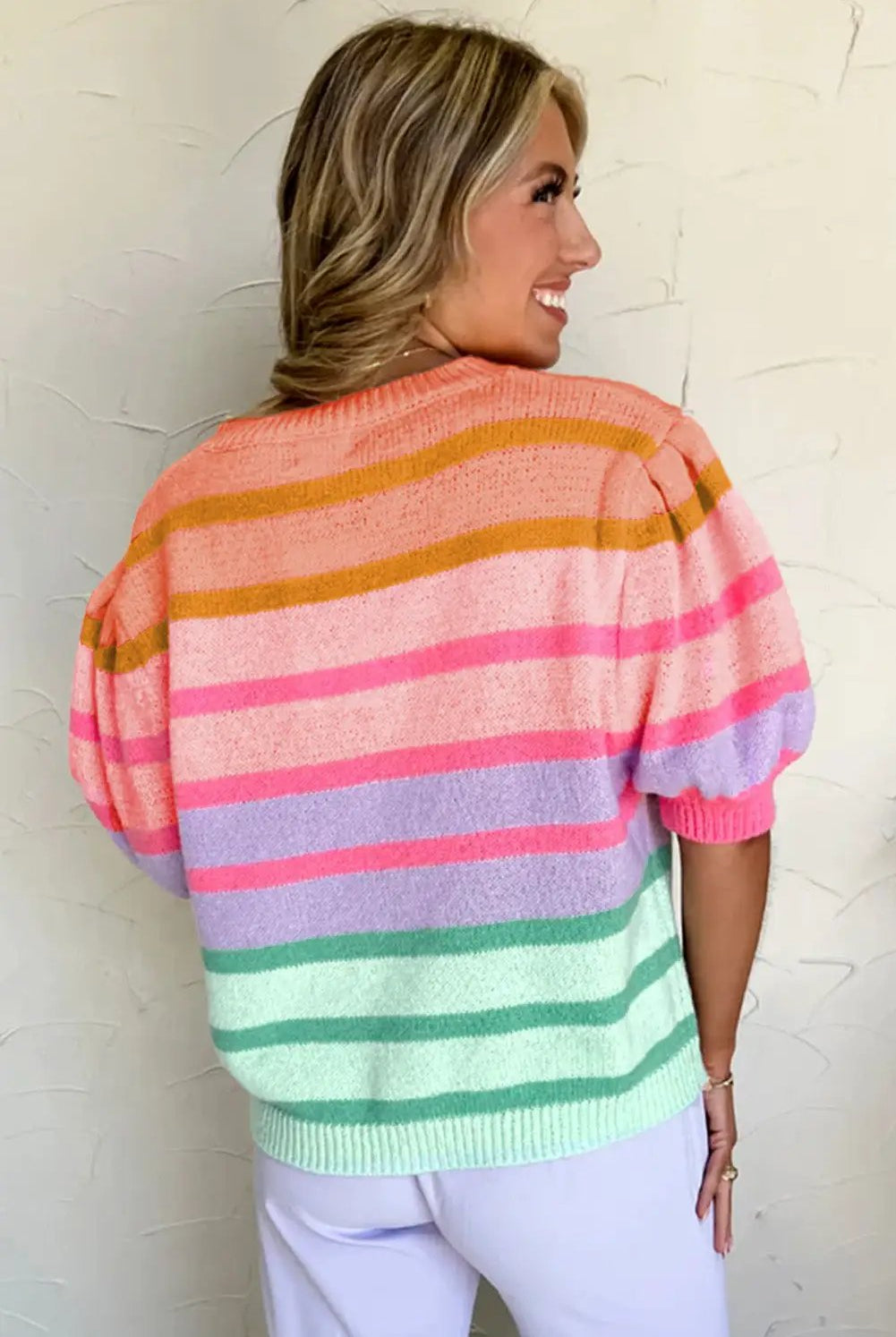 Grateful Threads Boutique Rose Red Colorful Stripe Bubble Short Sleeve Sweater - Sweaters Rose Red Colorful Stripe Bubble Short Sleeve Sweater