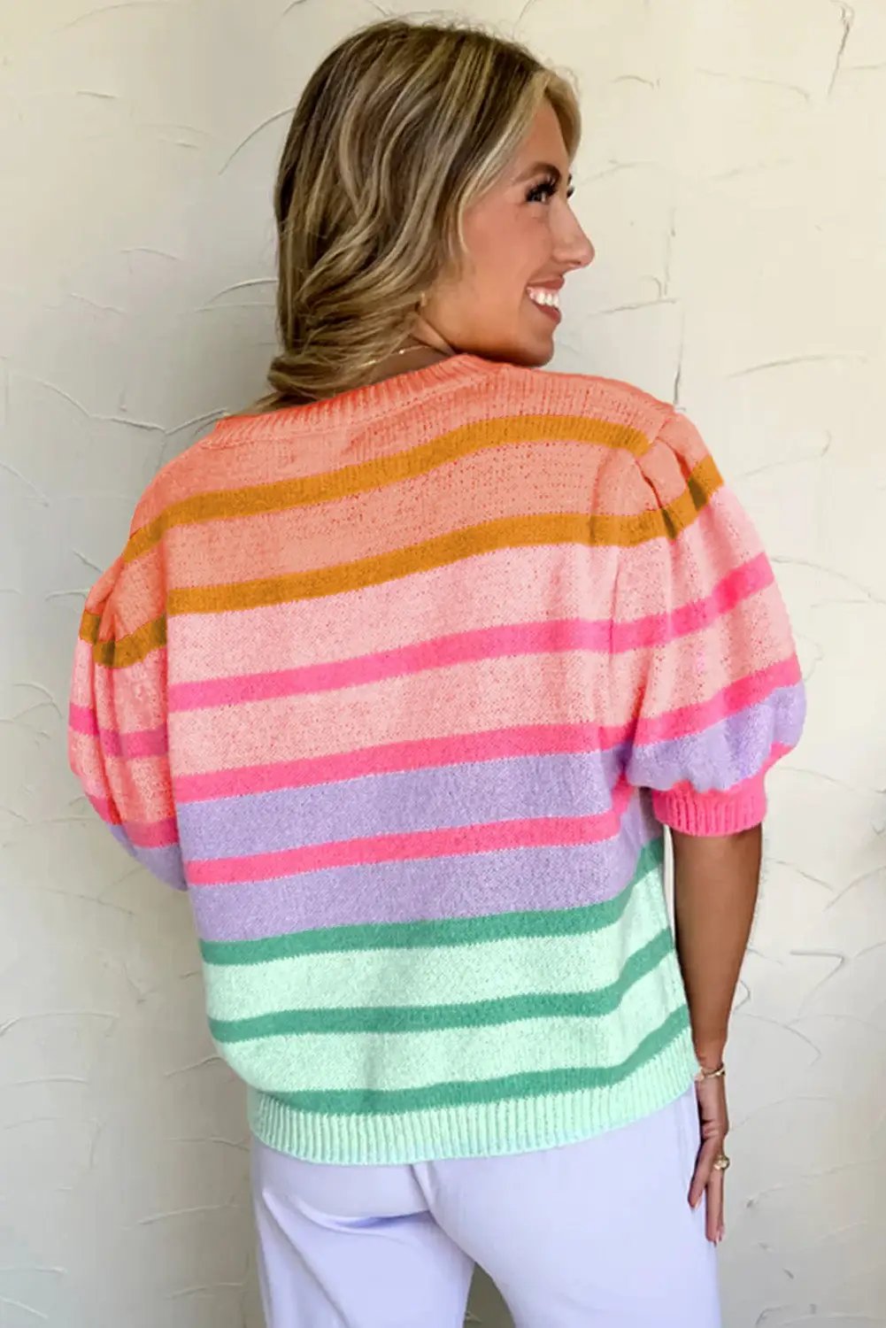Grateful Threads Boutique Rose Red Colorful Stripe Bubble Short Sleeve Sweater - Sweaters Rose Red Colorful Stripe Bubble Short Sleeve Sweater