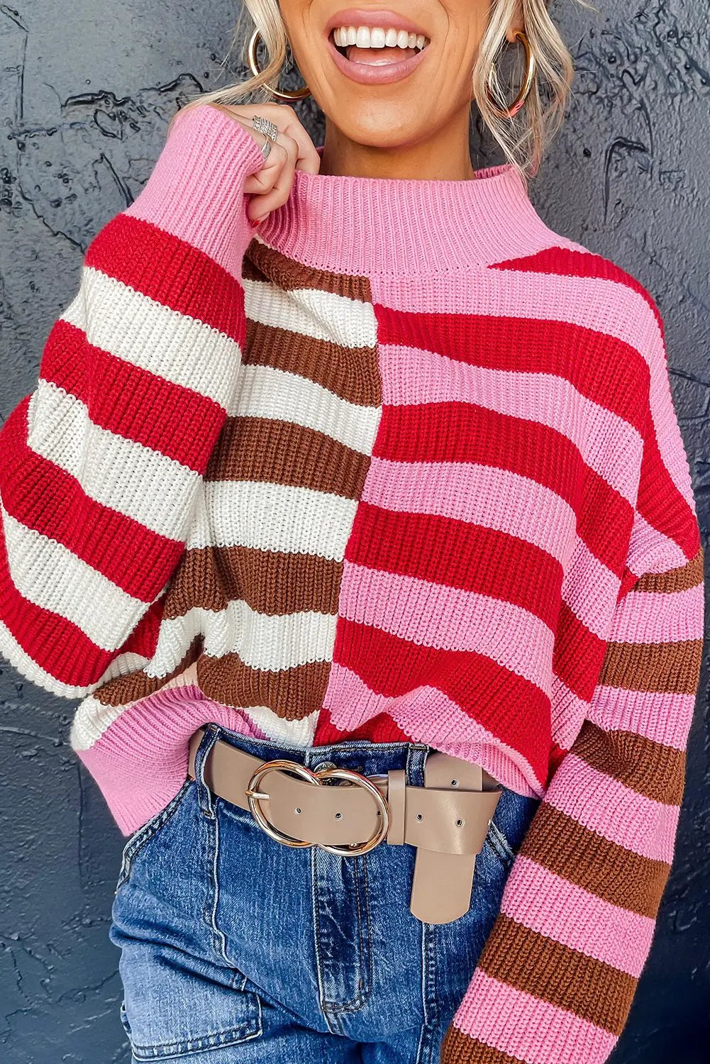 Grateful Threads Boutique Pink Stripe Color Block High Neck Drop Shoulder Loose Sweater - Sweaters Pink Stripe Color Block High Neck Drop Shoulder Loose Sweater