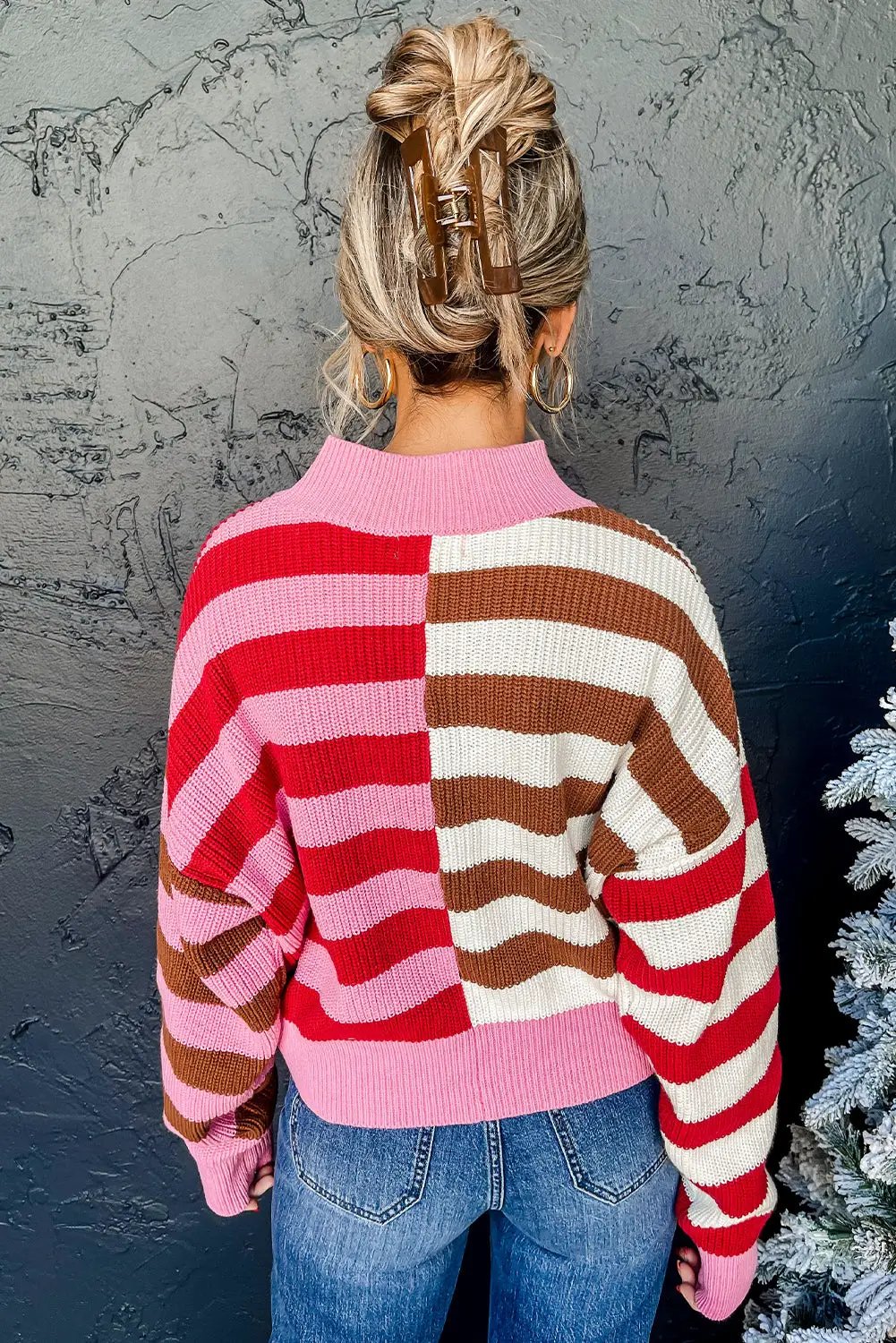 Grateful Threads Boutique Pink Stripe Color Block High Neck Drop Shoulder Loose Sweater - Sweaters Pink Stripe Color Block High Neck Drop Shoulder Loose Sweater