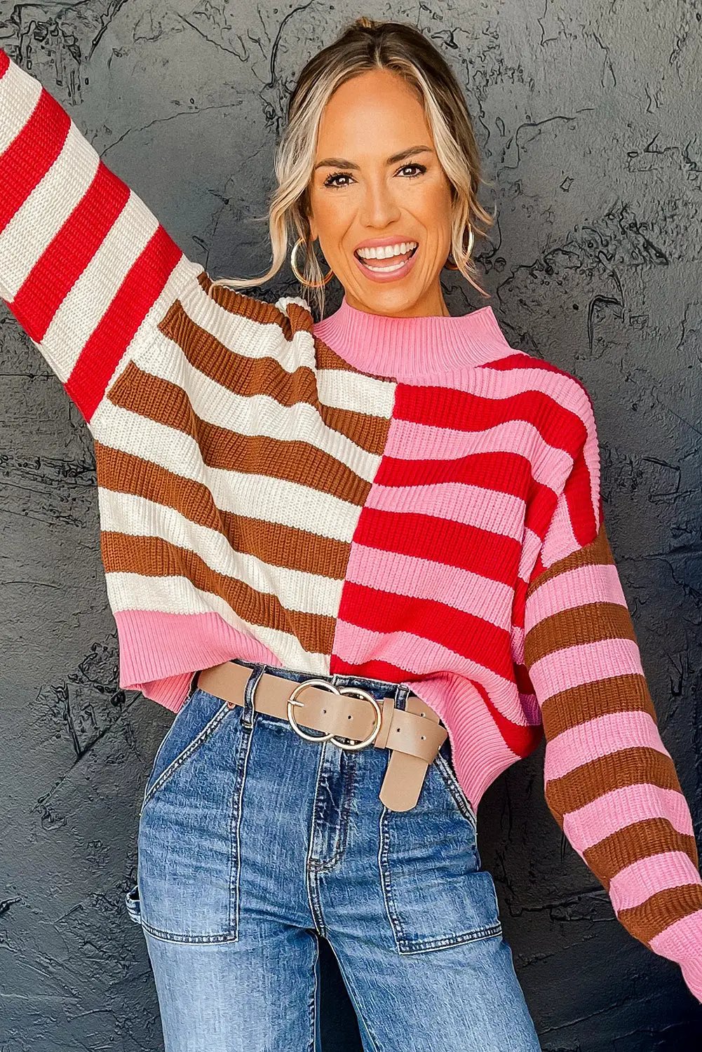 Grateful Threads Boutique Pink Stripe Color Block High Neck Drop Shoulder Loose Sweater - Sweaters Pink Stripe Color Block High Neck Drop Shoulder Loose Sweater