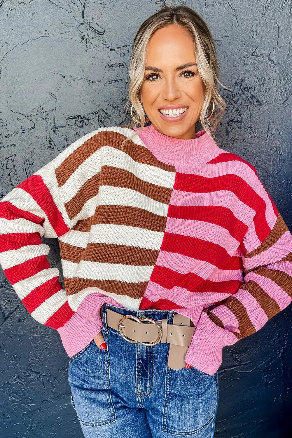 Grateful Threads Boutique Pink Stripe Color Block High Neck Drop Shoulder Loose Sweater - Sweaters Pink Stripe Color Block High Neck Drop Shoulder Loose Sweater