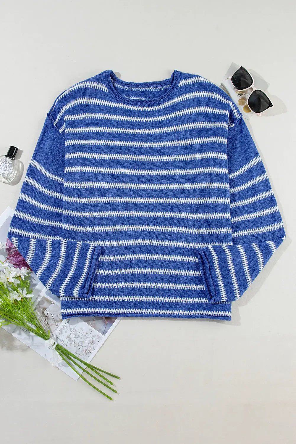 Grateful Threads Boutique Blue Striped Drop Shoulder Sweater - Shirts