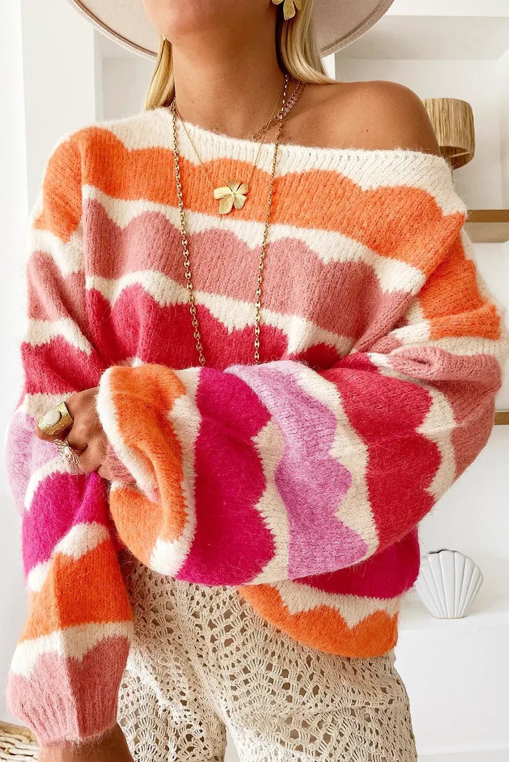 Grateful Threads Boutique Rose Red Wave Striped Balloon Sleeve Drop Shoulder Sweater - Sweaters Rose Red Wave Striped Balloon Sleeve Drop Shoulder Sweater