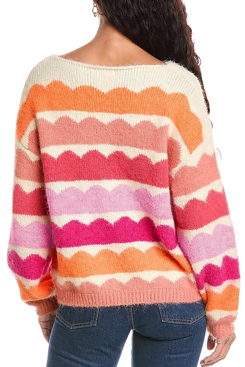 Grateful Threads Boutique Rose Red Wave Striped Balloon Sleeve Drop Shoulder Sweater - Sweaters Rose Red Wave Striped Balloon Sleeve Drop Shoulder Sweater