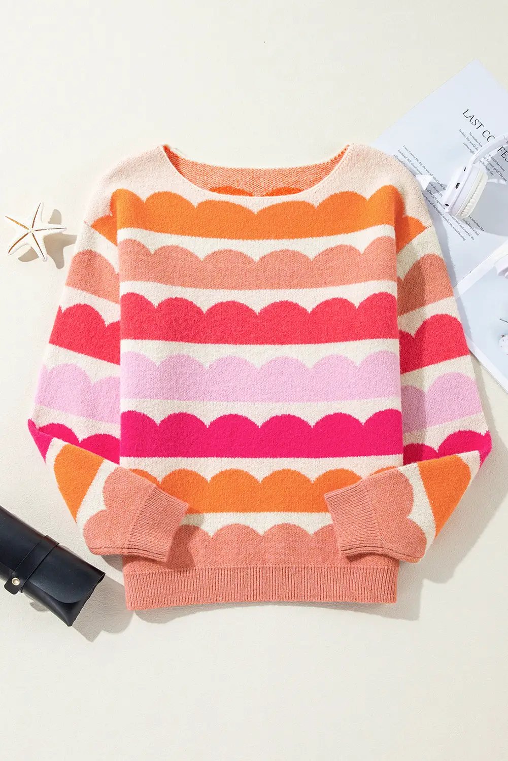 Grateful Threads Boutique Rose Red Wave Striped Balloon Sleeve Drop Shoulder Sweater - Sweaters Rose Red Wave Striped Balloon Sleeve Drop Shoulder Sweater