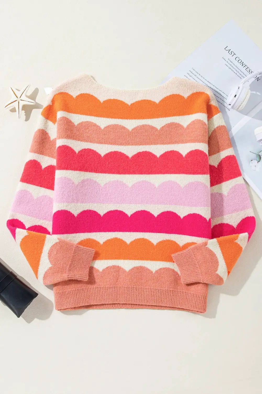 Grateful Threads Boutique Rose Red Wave Striped Balloon Sleeve Drop Shoulder Sweater - Sweaters Rose Red Wave Striped Balloon Sleeve Drop Shoulder Sweater