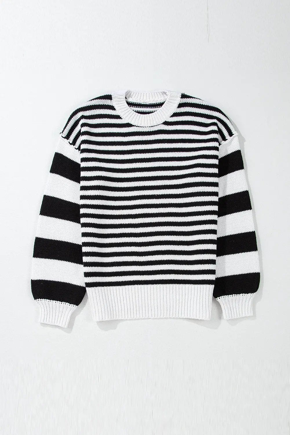 Grateful Threads Boutique Black white Striped Drop Shoulder Bishop Sleeve Knit Sweater - Sweaters Black white Striped Drop Shoulder Bishop Sleeve Knit Sweater