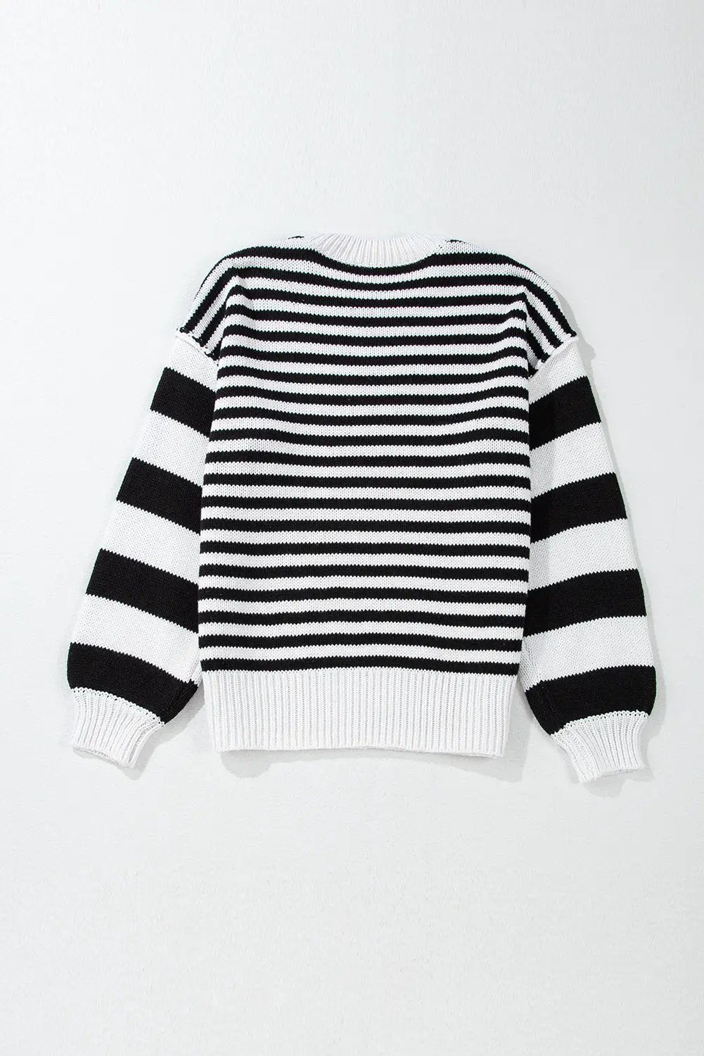 Grateful Threads Boutique Black white Striped Drop Shoulder Bishop Sleeve Knit Sweater - Sweaters Black white Striped Drop Shoulder Bishop Sleeve Knit Sweater