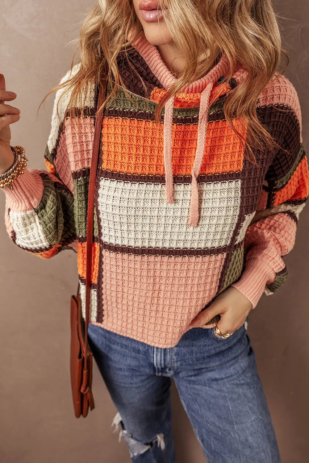 Grateful Threads Boutique Colorblock Waffle Knit Mock Neck Sweater - Sweaters